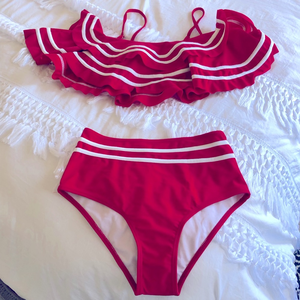 Red High Waisted Swim Wear